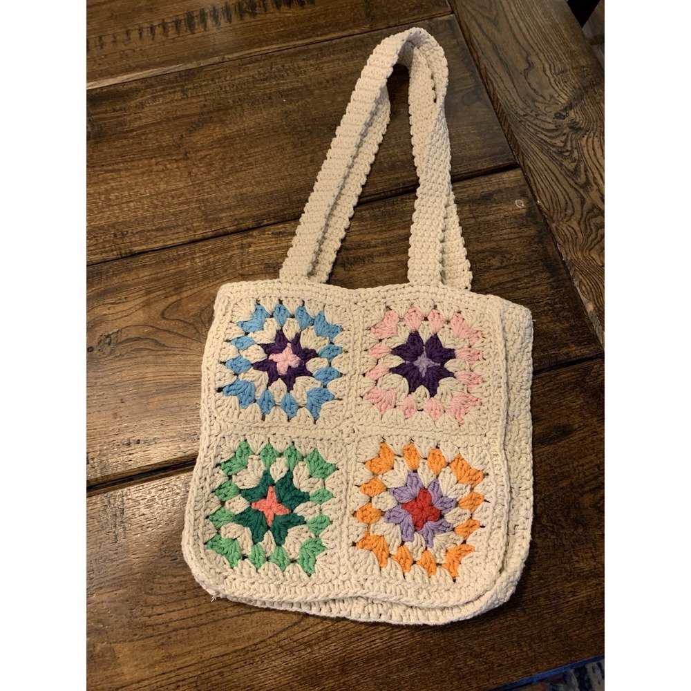 Boho Retro Crocheted Purse Granny Square Shoulder Bag Multicolor Crochet Knit